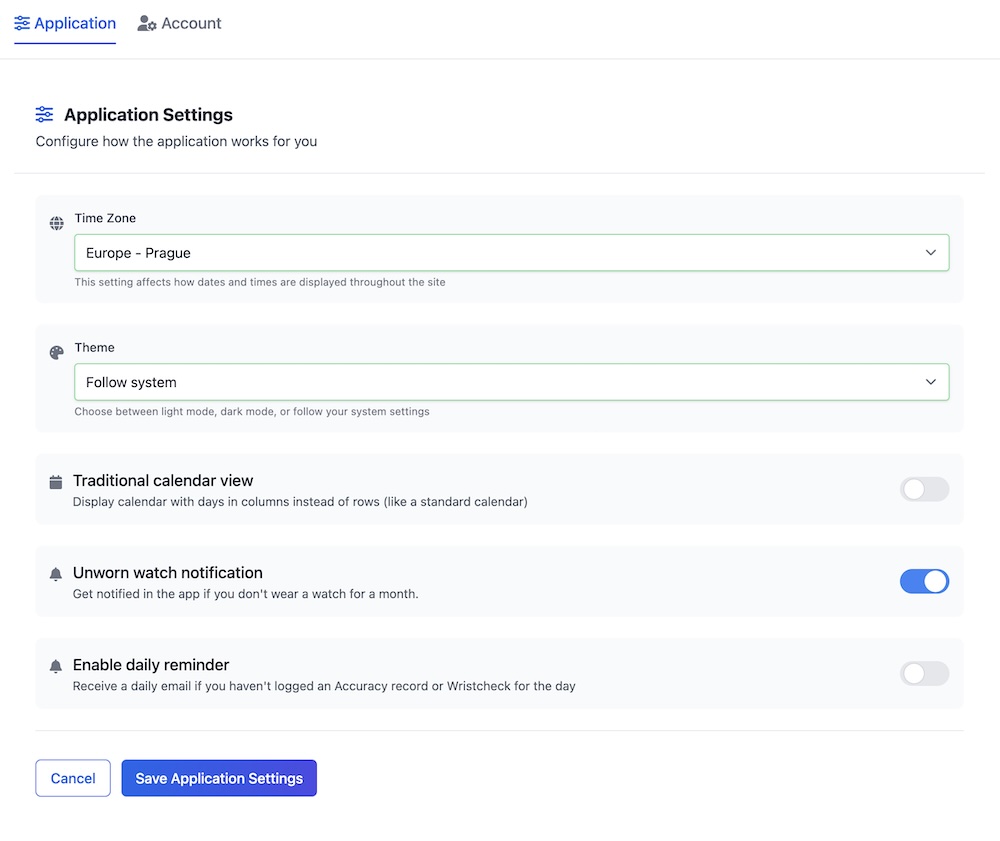 New Application settings tab